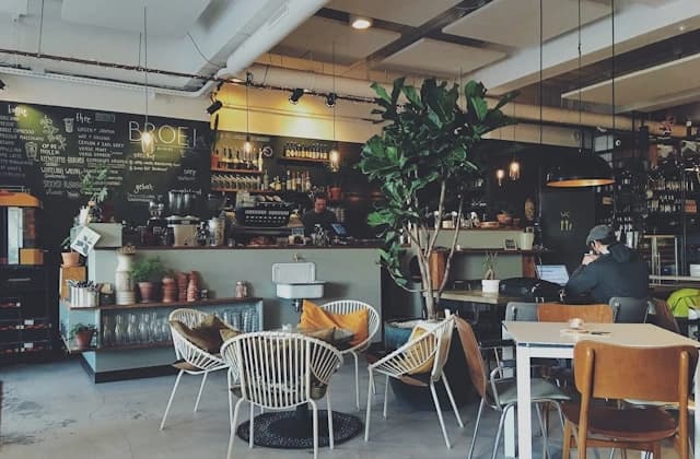 Independent cafe counter with warm lighting